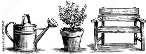 Vintage garden set with watering can, potted plant, and wooden bench for rustic decor