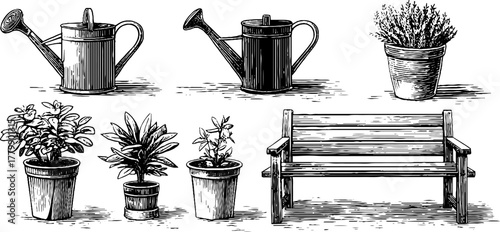 Garden elements illustration with watering cans, potted plants, and wooden bench