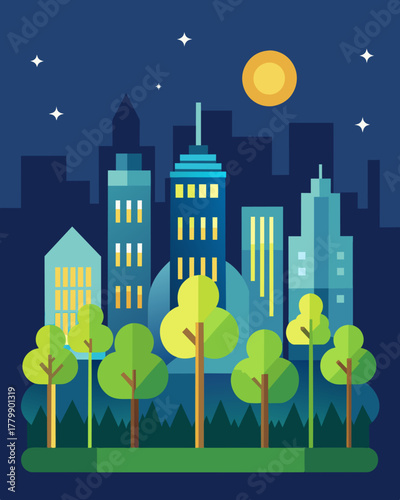 A city skyline is lit up not just by the shining buildings but also by the solarpowered lights adorning the trees that dot the landscape showcasing a harmonious combination of. Vector illustration