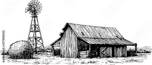 Rustic farm scene with barn, windmill, and haystack in vintage engraving style for retro design