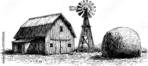 Rustic countryside scene with wooden barn windmill and haystack in vintage engraving style for retro design