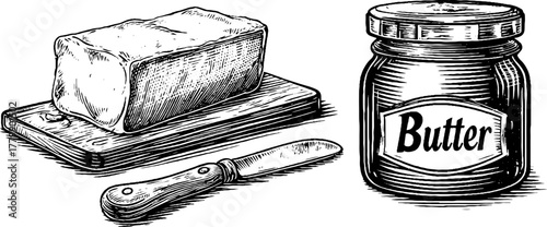 Vintage engraving style of butter stick cream jar design for retro kitchen decor