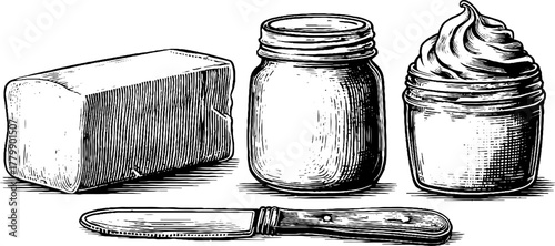 Vintage engraving style butter stick and cream jar illustration for retro kitchen design