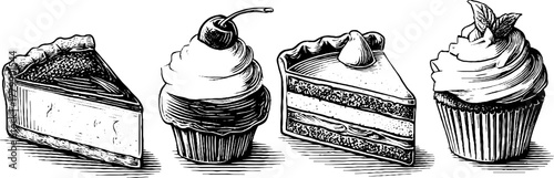Vintage engraving style cake and cupcake set for retro dessert design