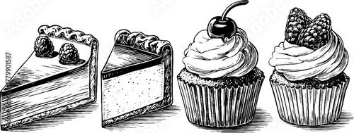 Vintage engraving style desserts set featuring cake slice, tart, and cupcakes for retro design