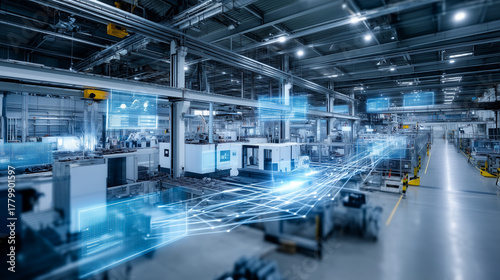 A state-of-the-art smart manufacturing plant showcasing advanced IoT technology and automation under Industry 4.0 principles. The modern factory floor is filled with robotic arms,