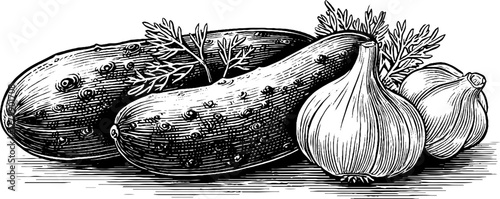 Vintage engraving style set of cucumber garlic dill branch - hand drawn sketch for culinary design