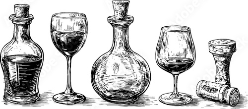 Vintage engraving style set with decanter, wine glass, and cork for retro design and decoration