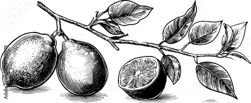 Vintage citrus branch engraving with lemons and orange twig for retro design