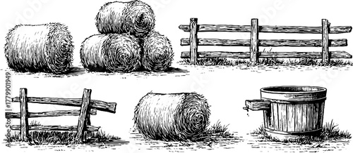 Vintage sketch set: hay bale, wooden fence, and water trough illustrations for rustic design