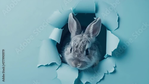 A small rabbit peeks out from behind a cracked egg.