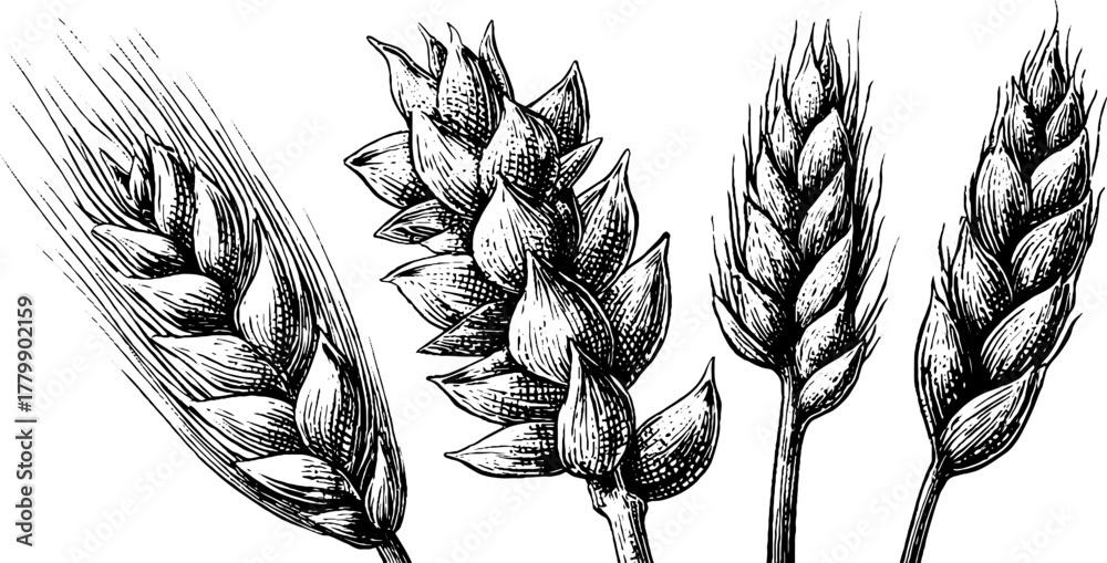 Fototapeta premium Vintage engraving style oat head, barley ear, wheat spike set for retro design