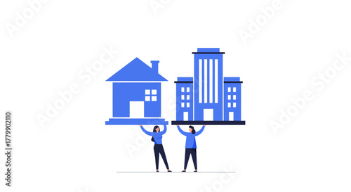 People holding house and building, representing real estate and business.