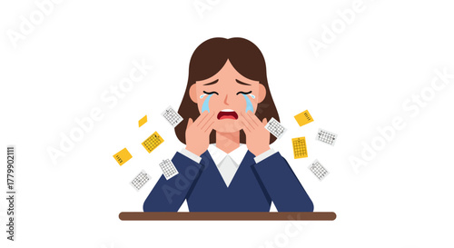 Overwhelmed Businesswoman Crying with Scattered Documents.