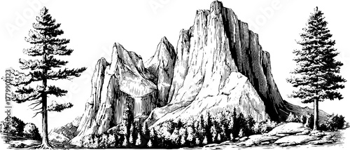 Vintage mountain peaks and pine trees in engraving style for nature-inspired designs