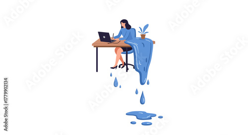 Surreal illustration of a female employee dissolving at her workspace.
