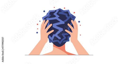 Person holding head with abstract blue shape, representing stress and mental health.
