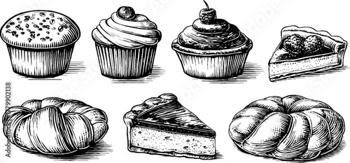 Vintage engraving of assorted pastries and cakes for design