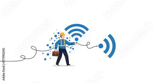 Technician Connecting Wireless Signals for Network Connectivity.