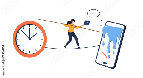 Woman balancing work and time on a tightrope with clock and phone.