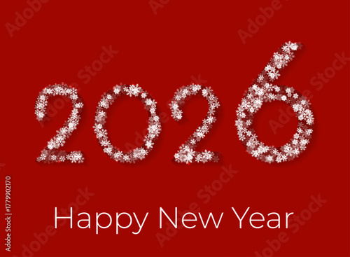 Happy New Year 2026 greeting card. Snow flakes falling macro vector design, christmas snowflakes confetti falling scatter over number.