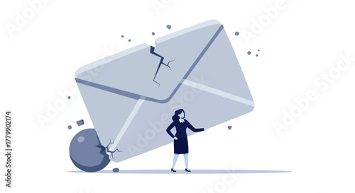 Woman facing a broken email envelope, symbolizing communication failure.