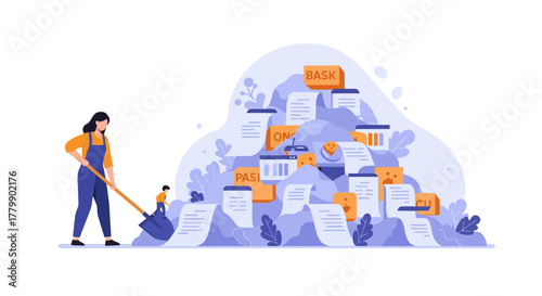 Woman cleaning up a huge pile of documents and papers.