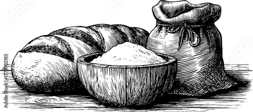 Vintage bakery tools and ingredients with oven peel, dough bowl, and flour bag illustration