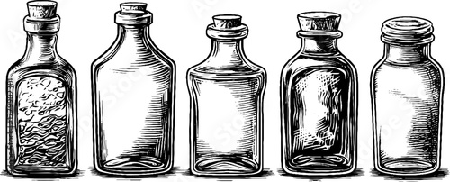 Vintage hand drawn engraving of rippled and cracked glass bottles for retro design