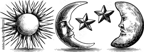 Vintage engraving style of rising sun rays and crescent moon with stars for retro design