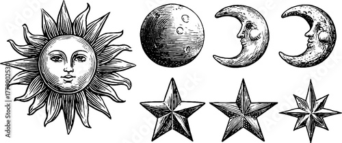 Vintage engraving style collection of sun, moon, and star illustrations for retro design