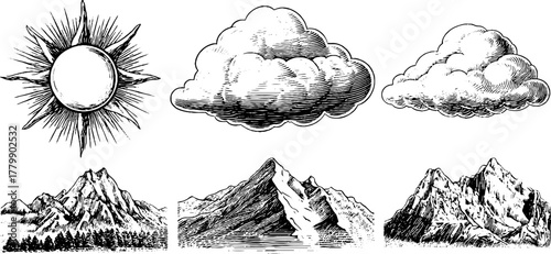 Vintage engraving style set featuring sun, cloud, and mountain illustrations for design and decor