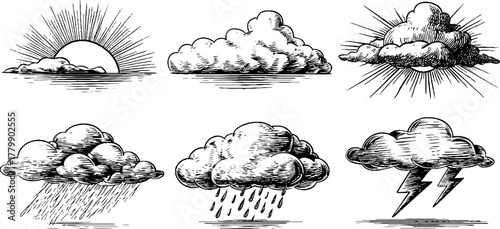 Weather phenomena in vintage engraving style: sunbeam, rain, cloud, and lightning illustrations
