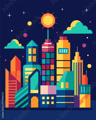 A colorful mural of a city skyline with all the buildings lit up by small solar panels embedded in the artwork.. Vector illustration
