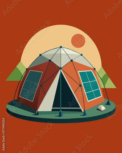 A futuristic geodesic tent with detachable solar panels for ultimate flexibility in powering your campsite.. Vector illustration