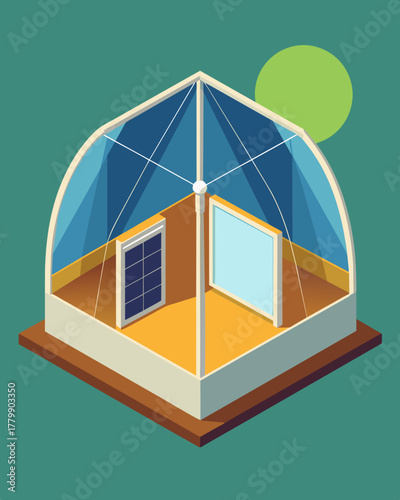 A freestanding transparent tent showcasing its solar panels ideal for stargazing and solar charging simultaneously.. Vector illustration