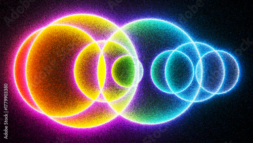 Vibrant grainy vector background with abstract composition of glowing intersecting overlapping luminous circles made from thousands of individual dots. Soft glowing grainy circles with grain texture