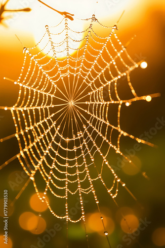 Spiderweb with Dew Drops in Golden Light Macro Shot for Nature Photography and Detailed Textures