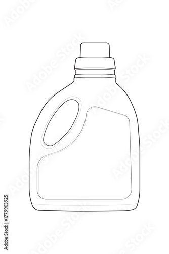 A simple black and white line art vector illustration of a laundry detergent bottle. Isolated outline icon of a blank plastic cleaning container, perfect for mockups or templates.