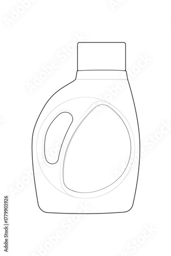 A simple black and white line art vector illustration of a laundry detergent bottle. Isolated outline icon of a blank plastic cleaning container, perfect for mockups or templates.