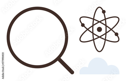 Magnifying glass, atom, and cloud suggest exploration, scientific inquiry, and discovery. Ideal for research, innovation, education, curiosity knowledge analysis simple flat metaphor