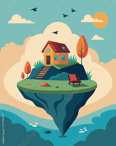 A floating house on a peaceful river where the only sounds are the birds chirping and the clicking of a keyboard for remote work.. Vector illustration