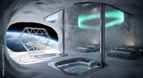 Fototapeta Naklejka Na Ścianę i Meble -  Futuristic space station interior with earth view and aurora borealis display