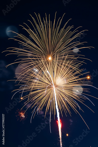 Spectacular Golden Fireworks Display Against a Dark Blue Night Sky for Grand Celebrations and Events