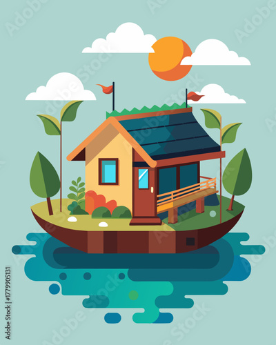 A charming rustic houseboat adorned with hanging gardens and powered by a large array of solar panels drifting peacefully on a breezy meandering river.. Vector illustration