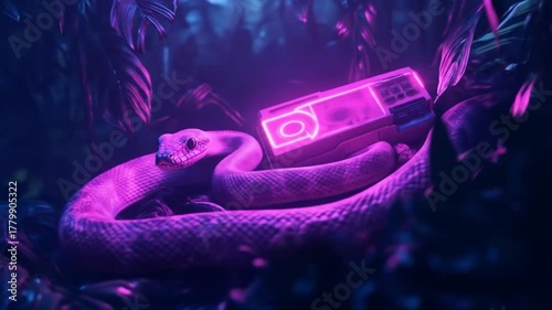 Snake with retro radio in neon jungle