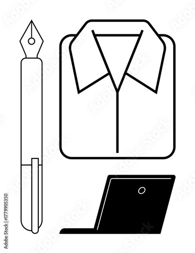 Fountain pen, uncluttered clipboard with shirt sketch, and simplified laptop. Ideal for professionalism, productivity, workplace, writing, creativity apparel design remote work. Simple flat