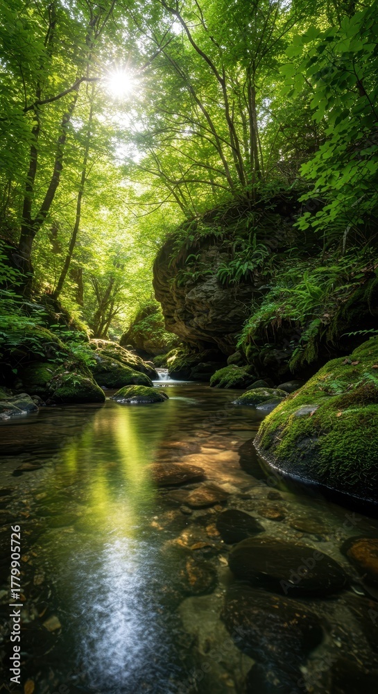 Obraz premium Clear flowing water winding through an ancient, quiet woodland. Sunlight filters through the canopy, illuminating smooth river stones and lush moss, earthy, water, forest