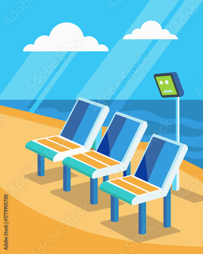 A beachfront bench with a solarpowered charger on each armrest allowing beachgoers to soak up the sun while charging their devices.. Vector illustration