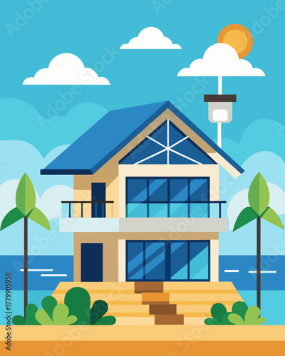 A beachfront villa equipped with solarpowered motion detectors providing a sustainable and reliable solution for vacation home security.. Vector illustration